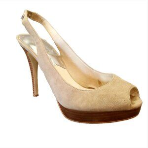 MICHAEL Michael Kors York Peep Toe Sling Back Suede / Wood  4.5" Heel  Size 8.5M
